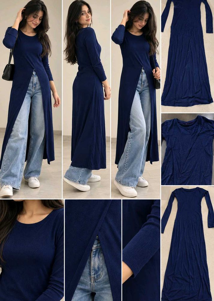 Navy Blue Woollen Maxi Kurti with Slit