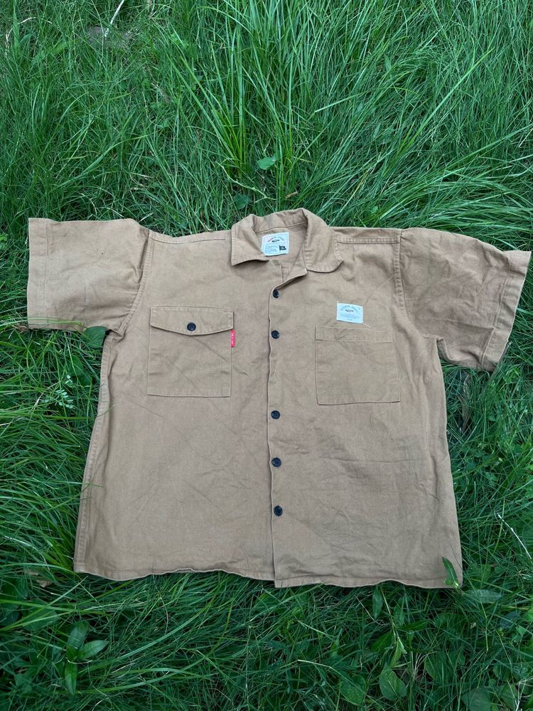 Men's Tan Short Sleeve Button-Up Shirt