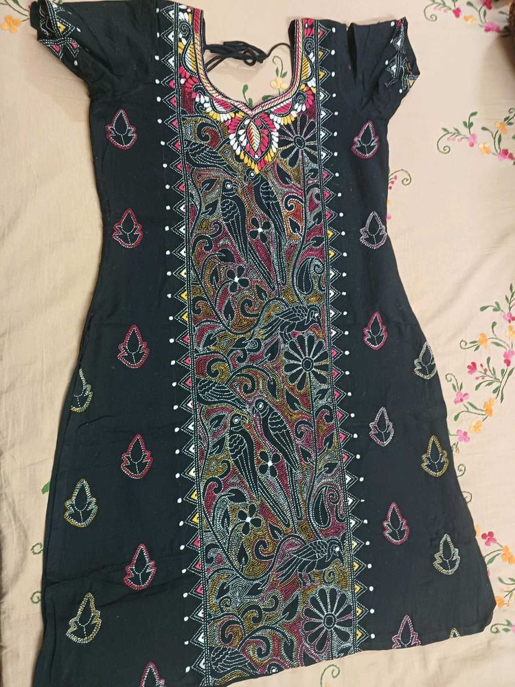 Black Kantha work Kurta with Bird Embroidery