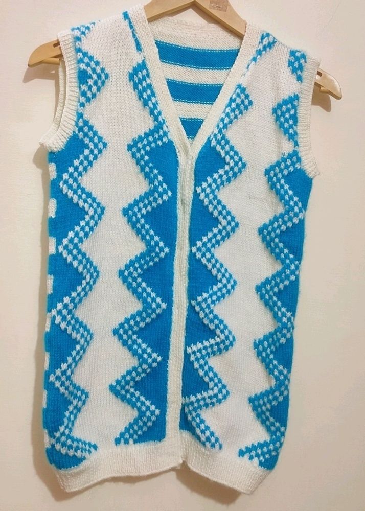 White Sky Blue Woolen Cut Sleeves Sweater