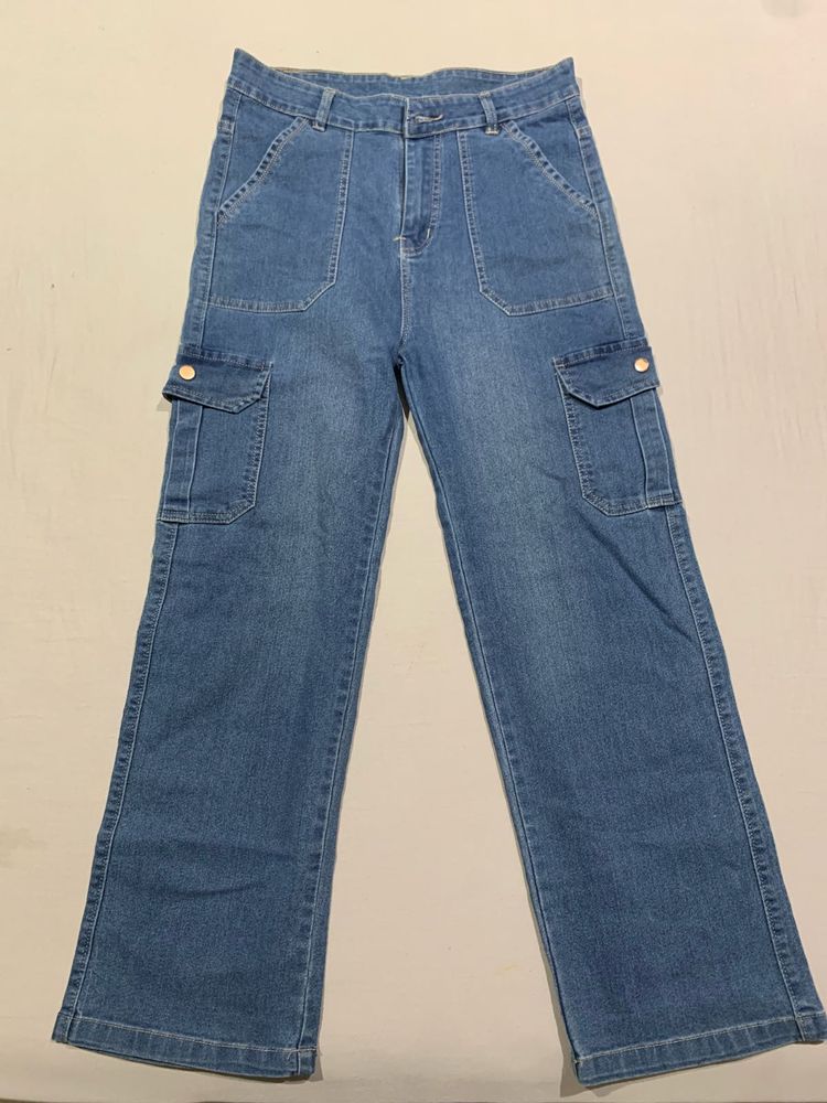 Women's Blue Denim Cargo Jeans