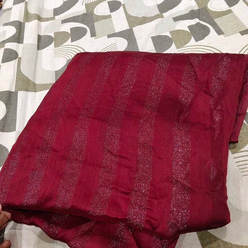 Elegant Maroon Saree with Glitter Stripes