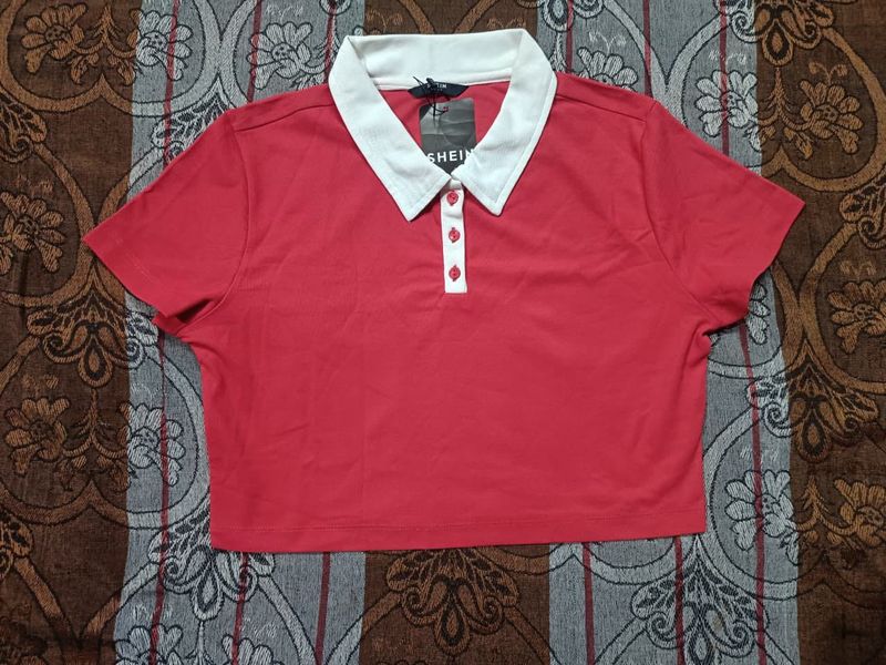 Shein Red Cropped Polo T-Shirt