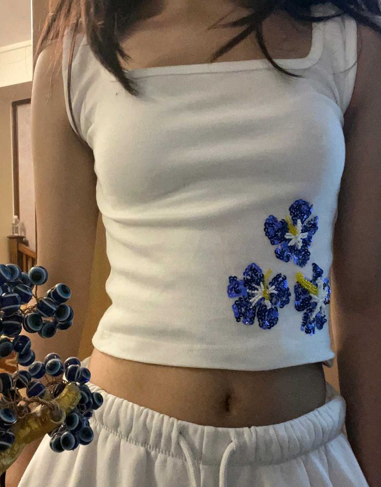 White Y2K sequins floral top