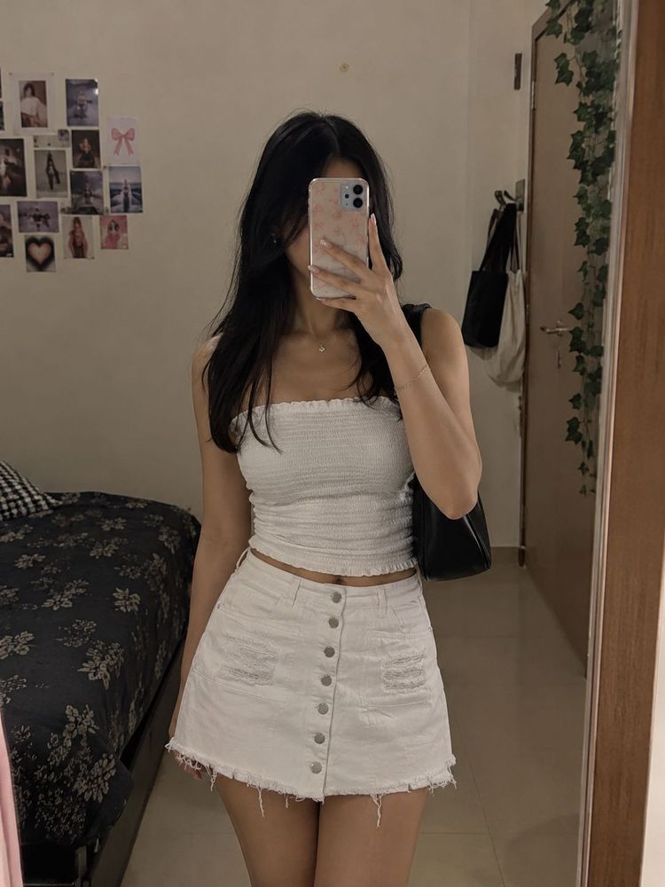 White Denim Button-Front Skirt
