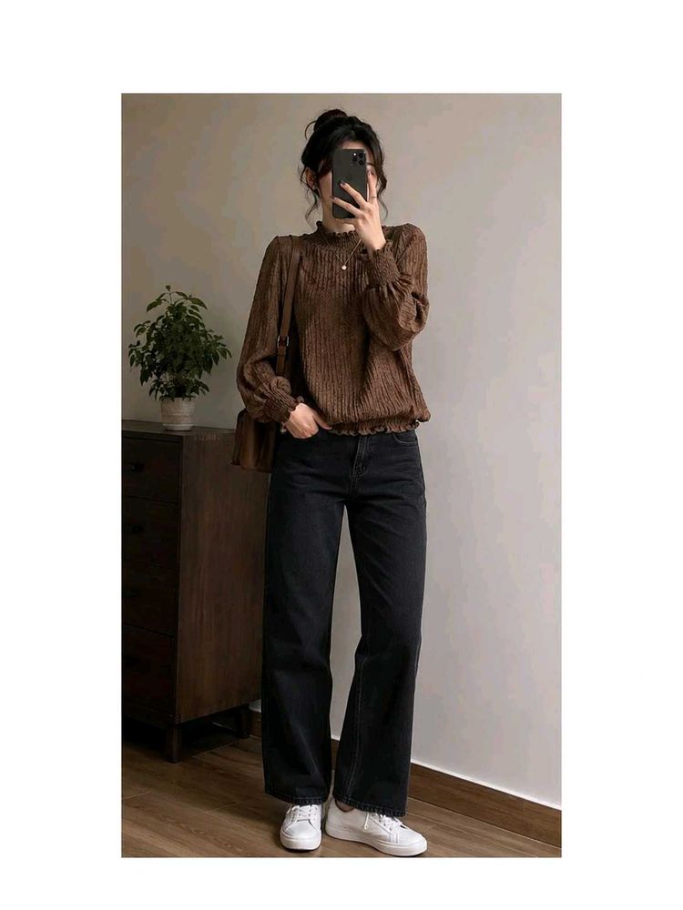 Brown  net Long Sleeve woollen top