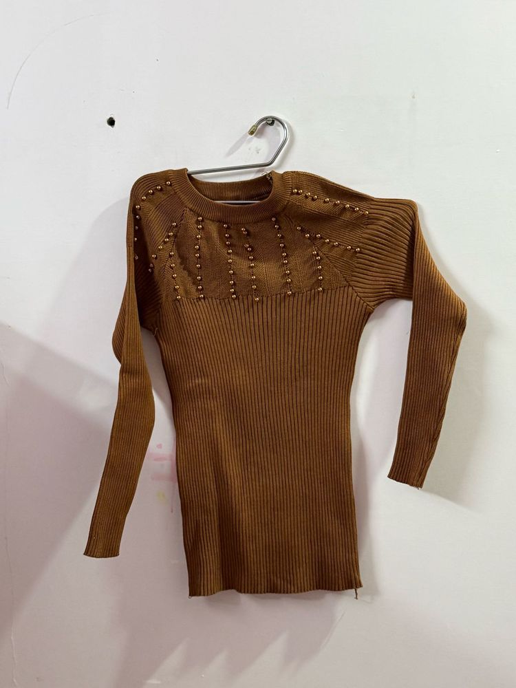 Brown Ribbed Knit Sweater
