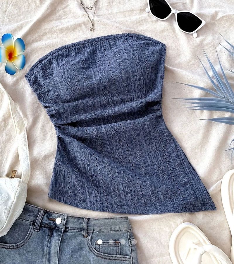 Chic Blue Eyelet Tube Top asymmetrical