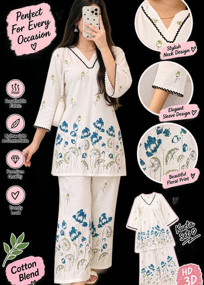 White Floral Print Kurta Set