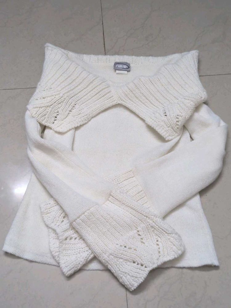 Vintage Rave Y2K Cream Knit Sweater with Collar