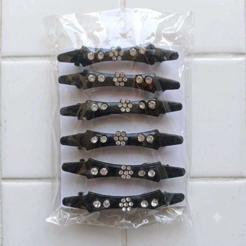 Set of 6 Black Hair Clips with Rhinestones