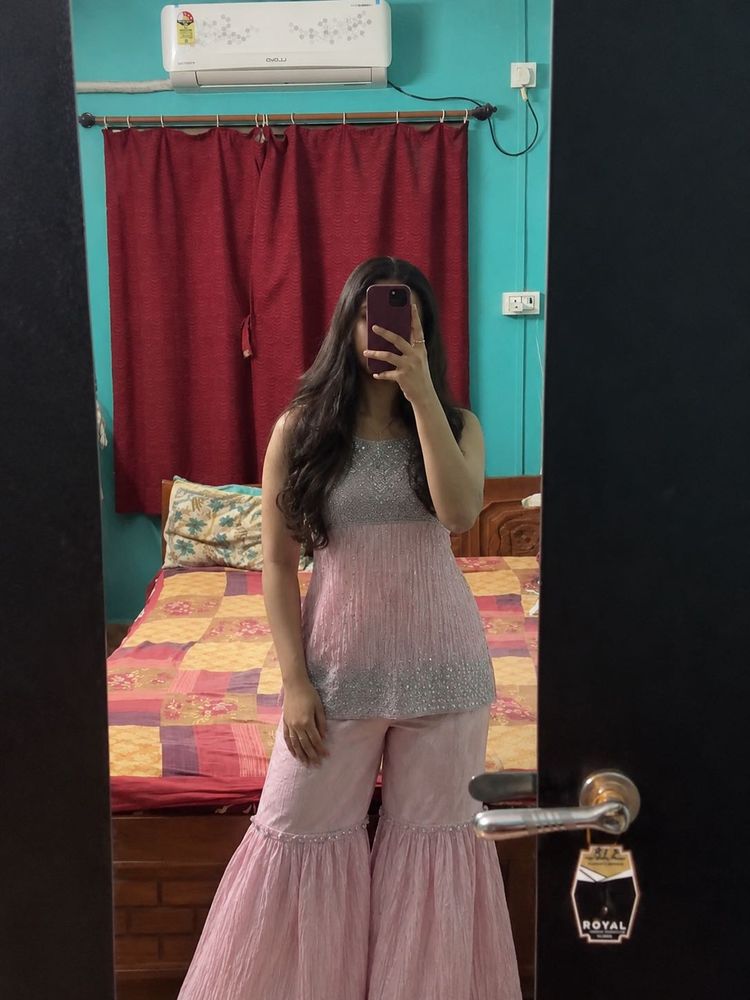 Pink &amp; Silver Sequined Kurta Set with Dupatta