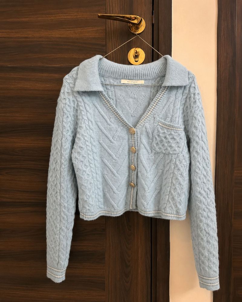 MS Studio Cable Knit Cardigan – Baby Blue | Size M