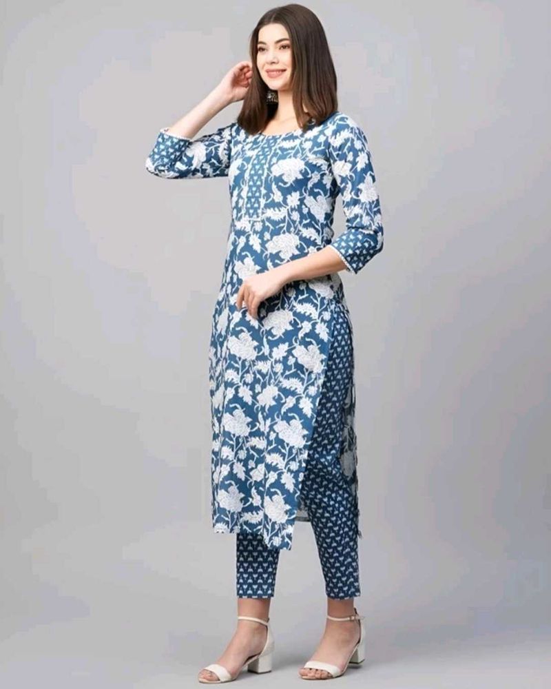 Blue Floral Print Kurta with Pants Set