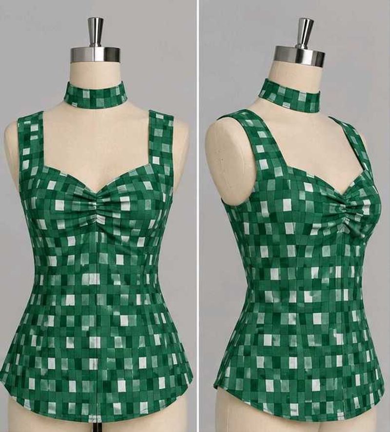 Chic Green Plaid Peplum Top with Choker Neck
