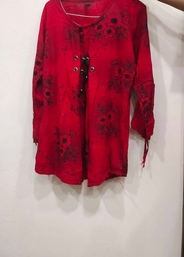 Red Floral Print Kurta