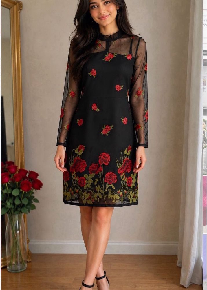 negotiable/Black Mesh Rose Embroidered Dress
