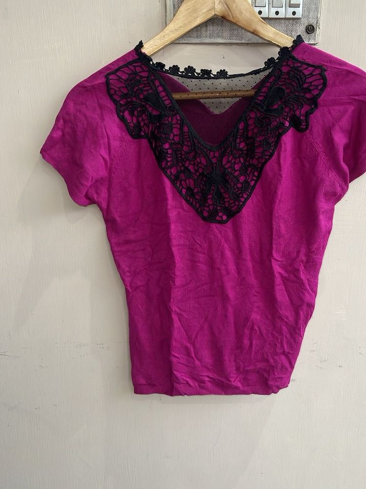 Magenta Lace Trim Top