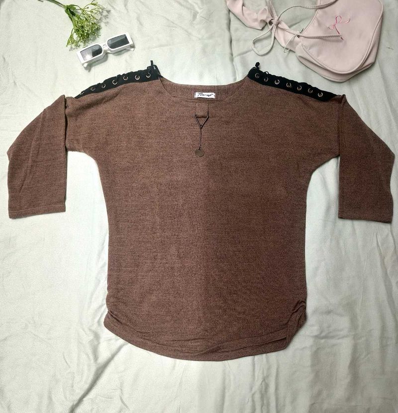 New Brown Lace-Up Detail Sweater Top