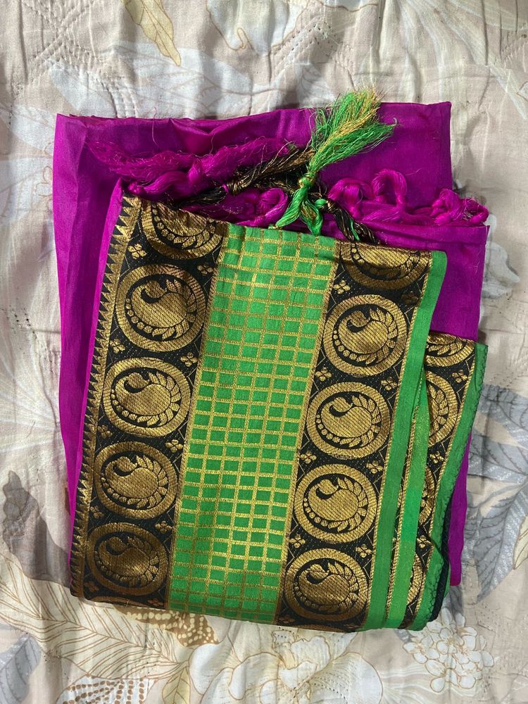 Vibrant Pink &amp; Green Saree with Peacock Border