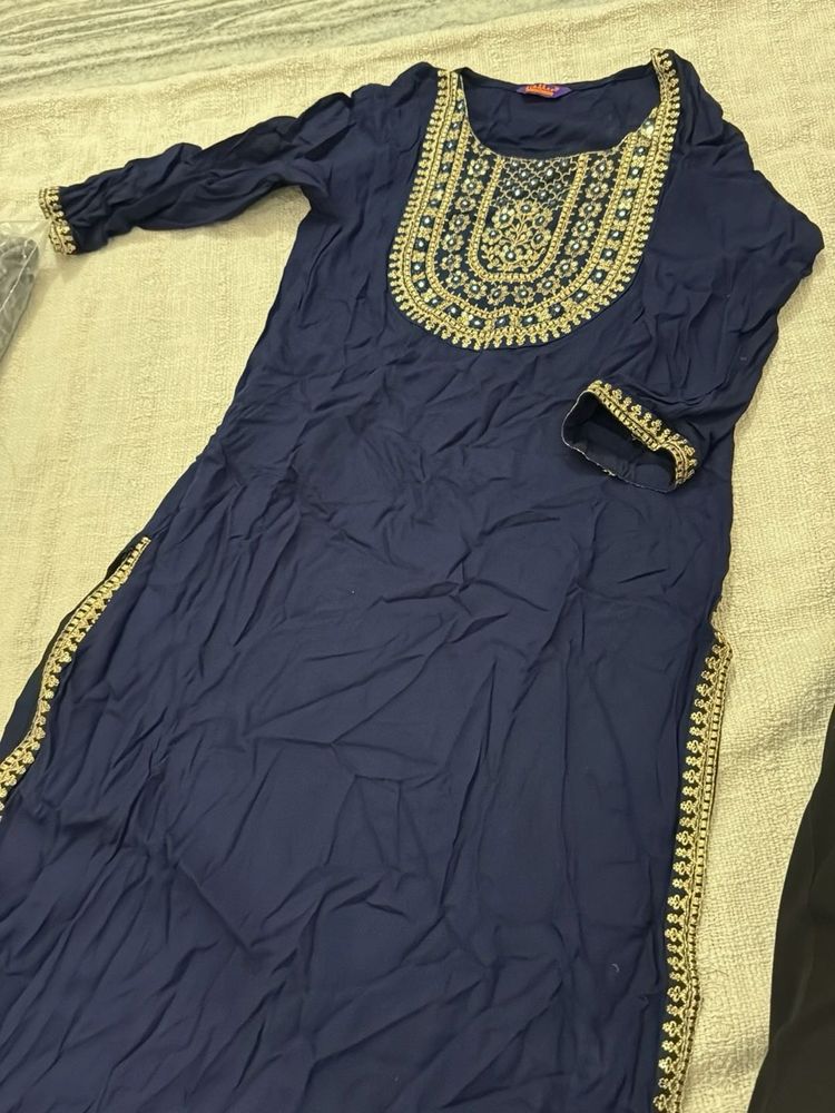 Embroidered Navy Blue Kurta