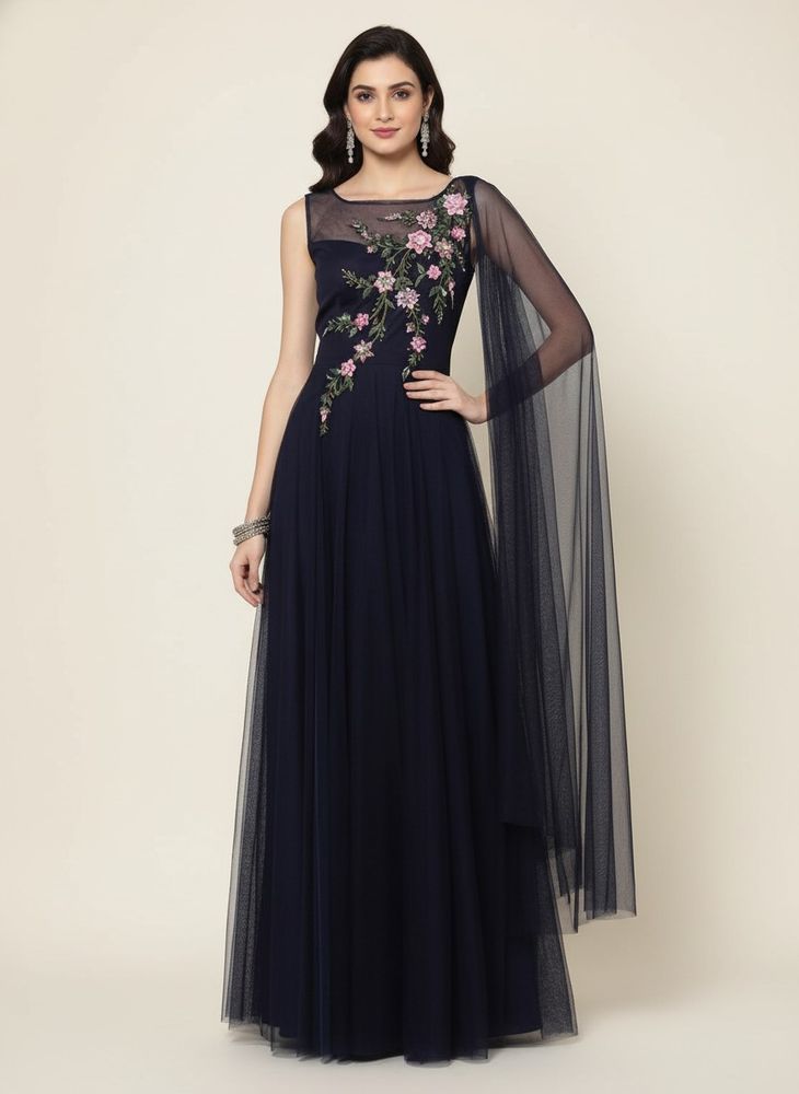 Stunning Navy Blue Embroidered Gown