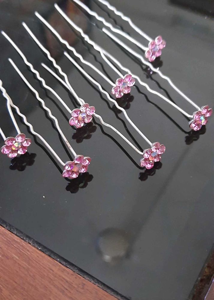 Pink Flower Hair Pins - Set of 7