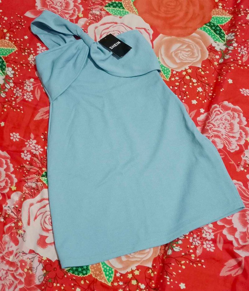 Shein Light Blue One Shoulder Knot Dress