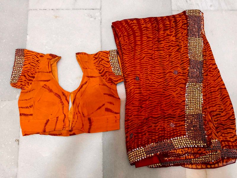 Orange Saree with Embellished Blouse sibori print