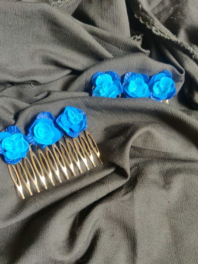 Blue Floral Hair Combs Set
