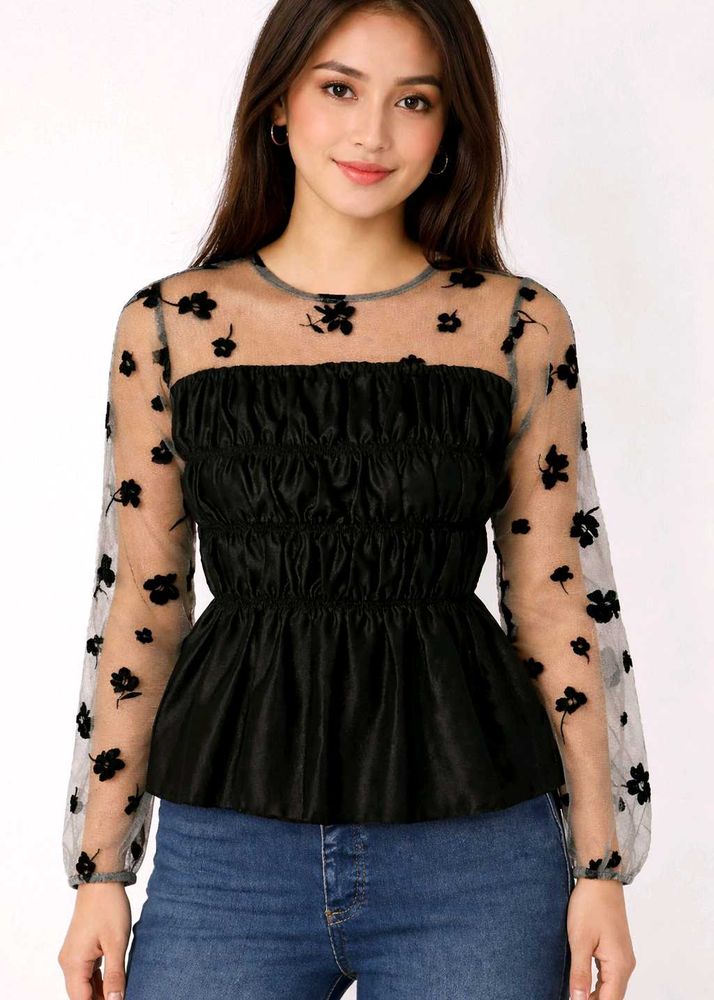 Black Floral Sheer Long Sleeve Top