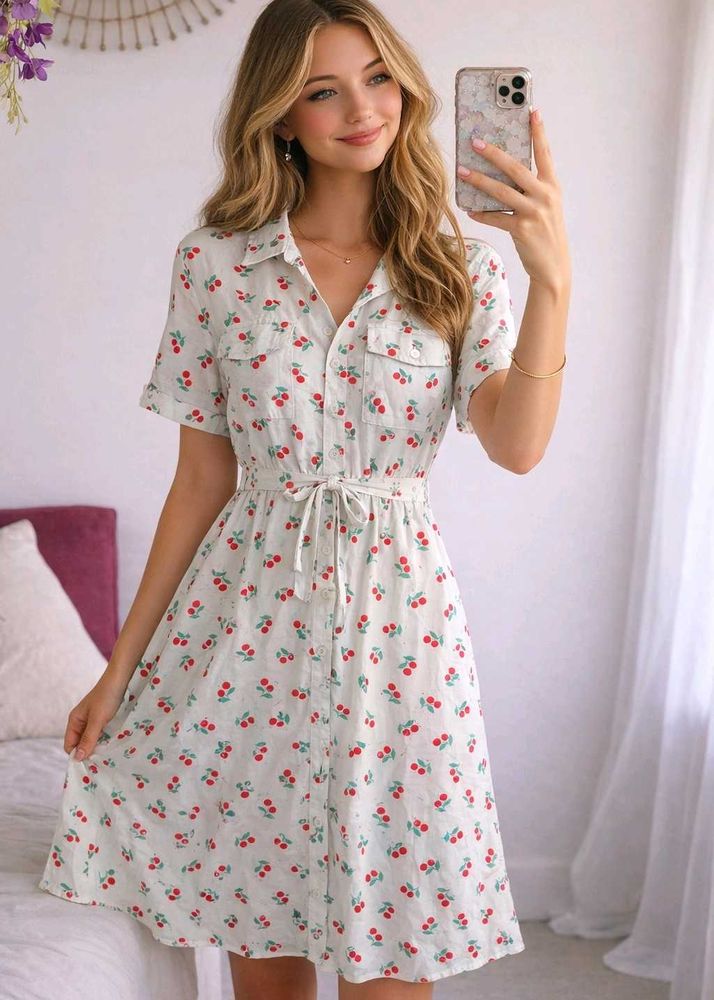 Cute Cherry Print Shirt Dress
