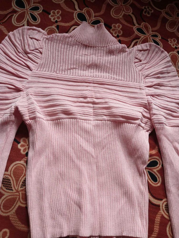 Pink Turtleneck Puff Sleeve Top