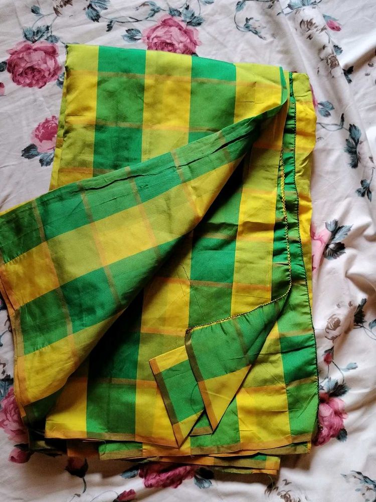 Vibrant Yellow &amp; Green Checked Saree