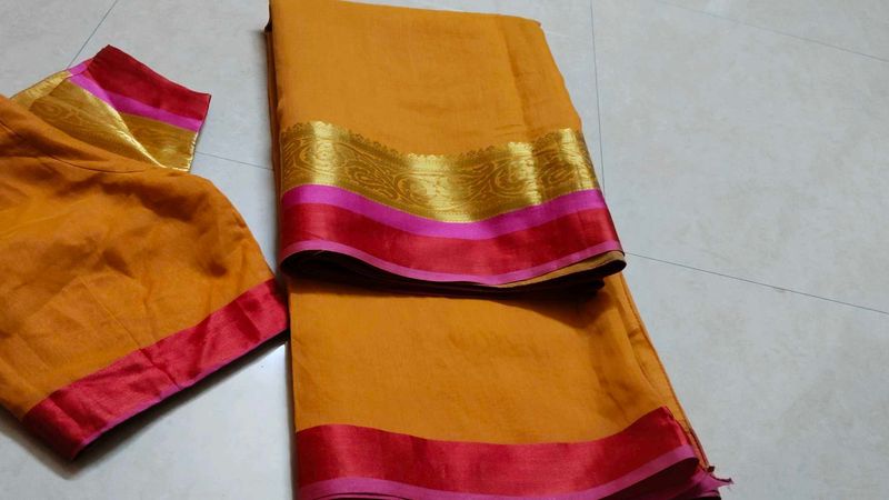 Orange Saree with Pink &amp; Gold Border