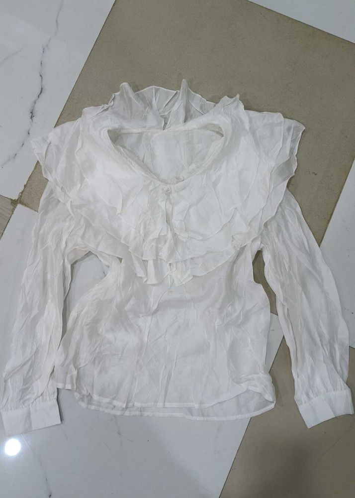 White Ruffled Neck Blouse