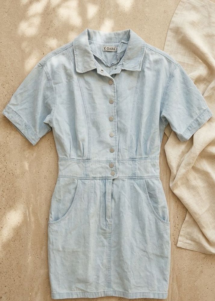 Trendy Light Wash Denim Button-Down Dress with Poc