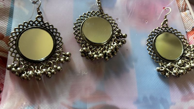 Bohemian Mirror Work Earrings &amp; Tikka Set