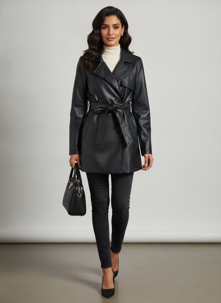 Black Faux Leather Trench Coat