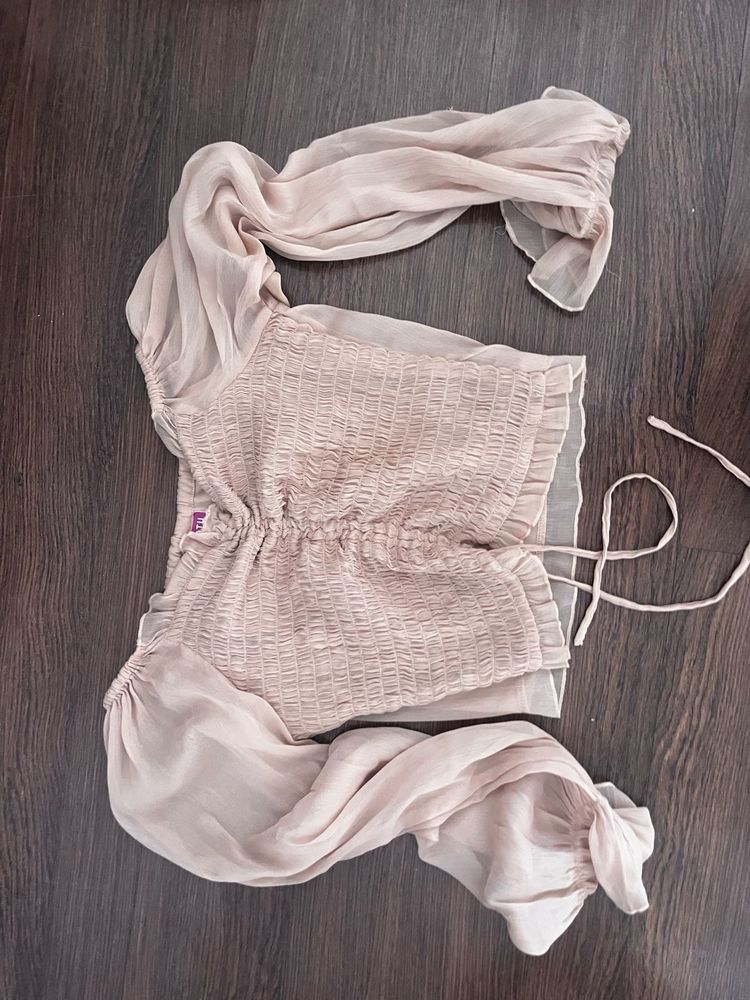 Chic Sheer Sleeve Smocked Crop Top