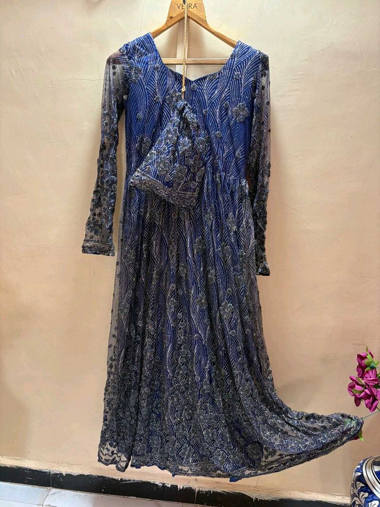 Elegant Blue crystal work Gown with Clutch