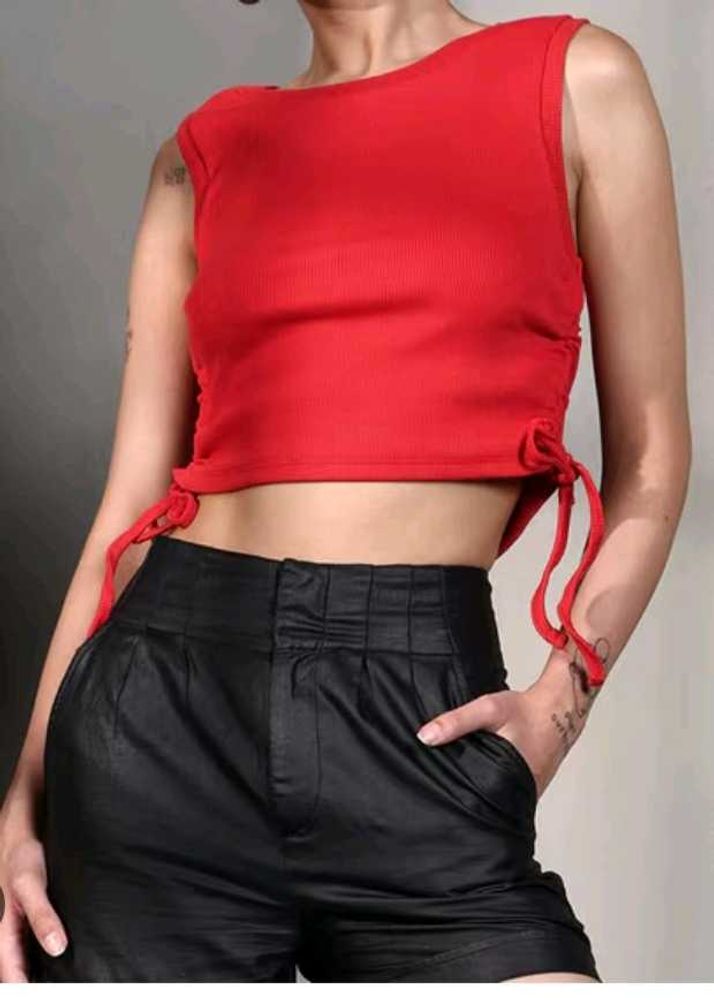 Red Ruched Drawstring Crop Top