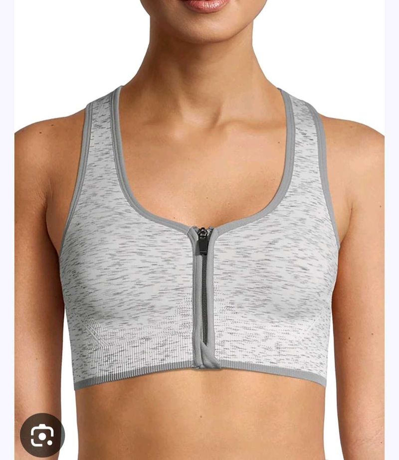 Grey Zip Front Sports Bra