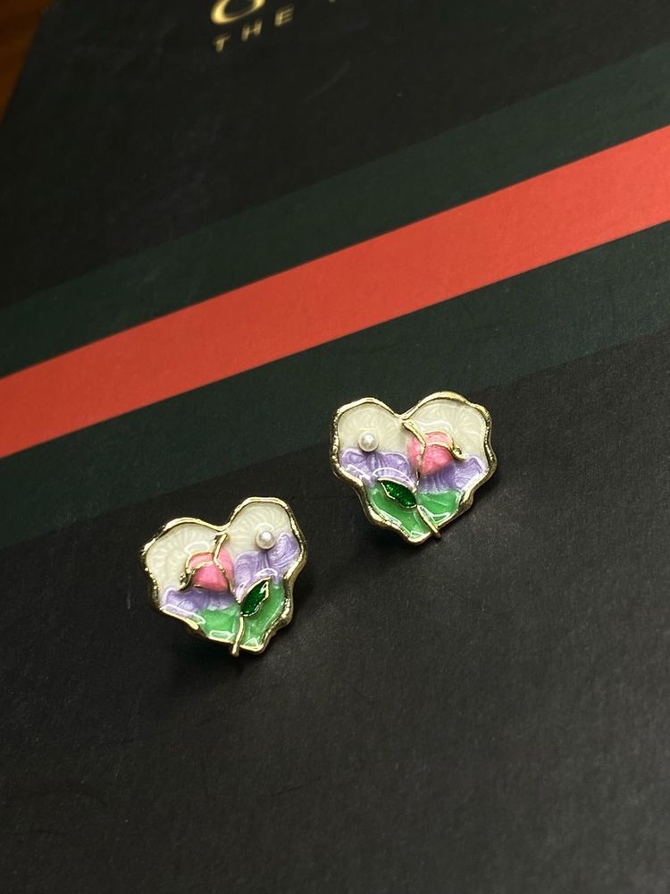 Enamel Heart Floral Stud Earrings