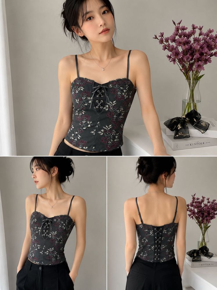 Floral Print Lace Trim Corset Top