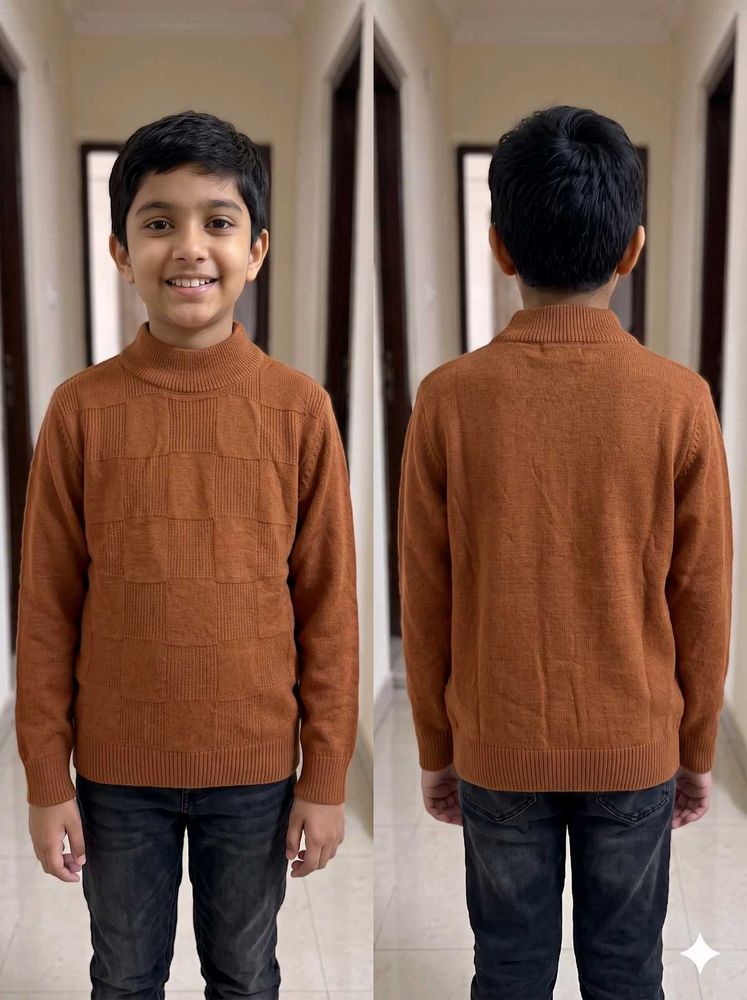 Boys Stylish Brown Checkered Knit Sweater (10-11 Y