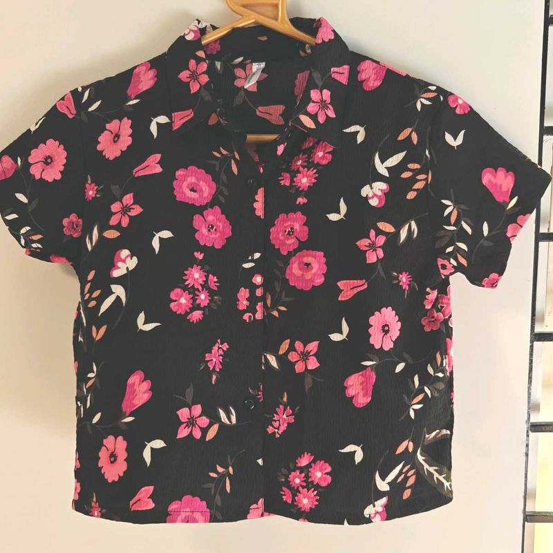 Cute Black Floral Button-Up Shirt