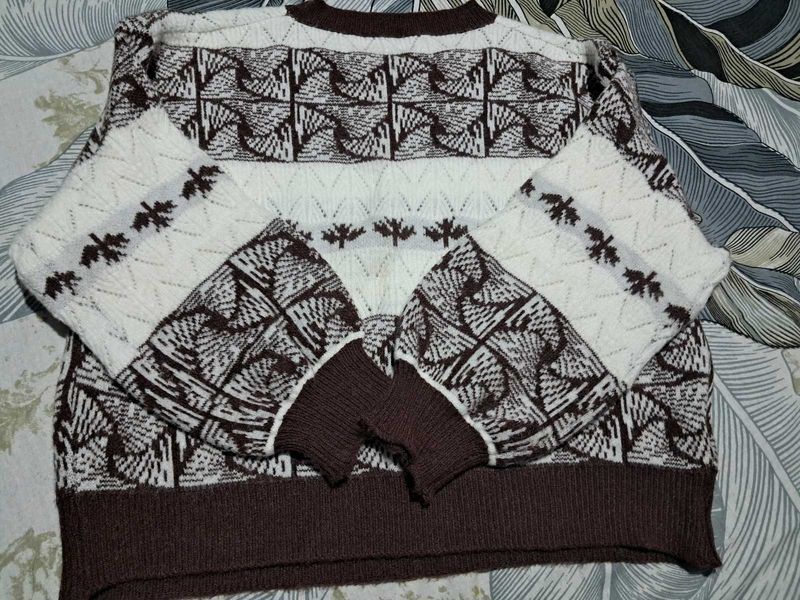 Vintage Brown &amp; White Geometric Knit Sweater