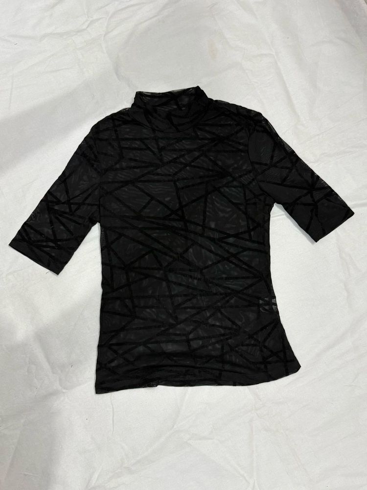 Sheer Black Geometric Mesh Top