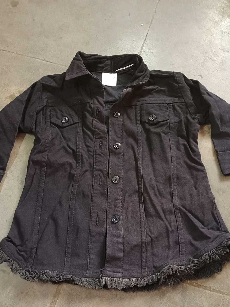 Black Frayed Hem Button-Up Jacket